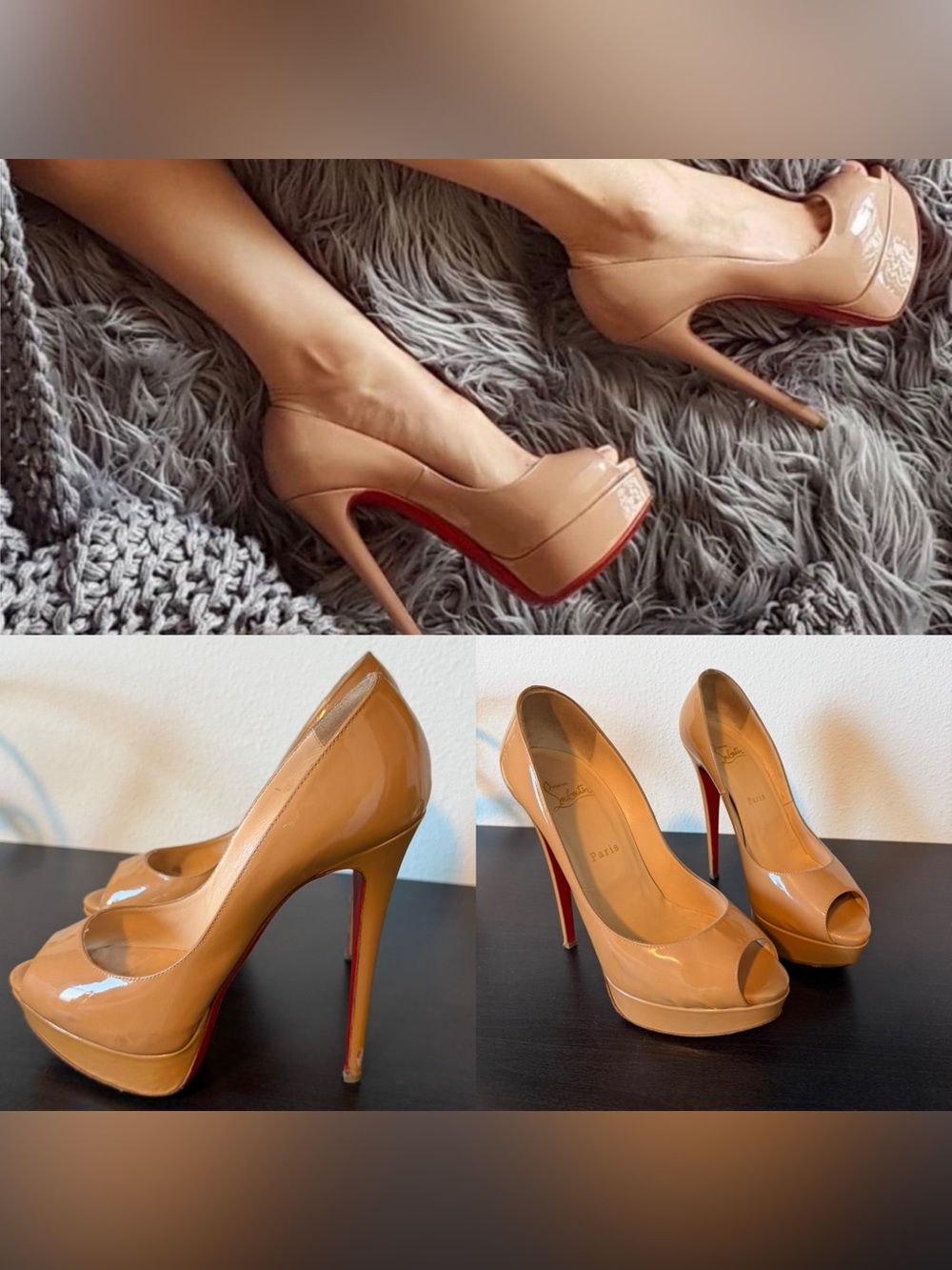 Christian Louboutin Lady Peep Nude Patent Leather Peep-Toe Pumps Authentic